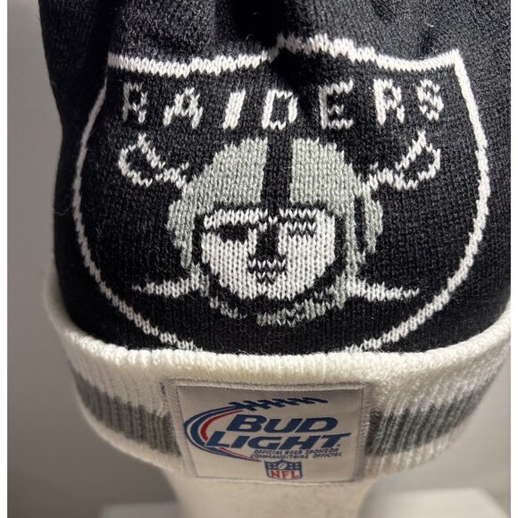 Raiders Pom Beanie Cap Black White NFL Licensed By Bud Light - Picture 2 of 6